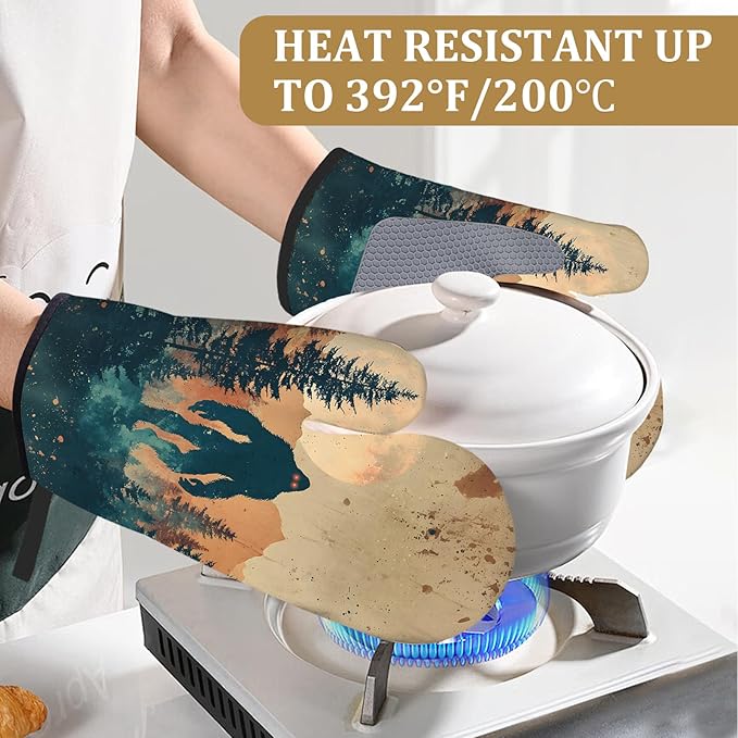 Vintage Bigfoot Forest Oven Mitts and Pot Holders Sets 4Pcs Mountain Silicone Kitchen Gloves Heat Resistant Potholders for Baking Cooking Grilling BBQ