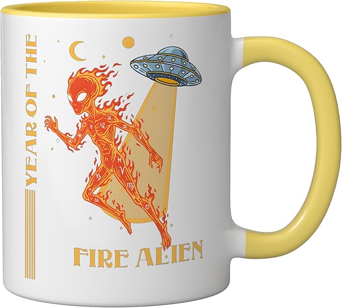 Year of the Fire Alien Chinese Zodiac Celestial Astrology Ceramic Mug, Yellow/White