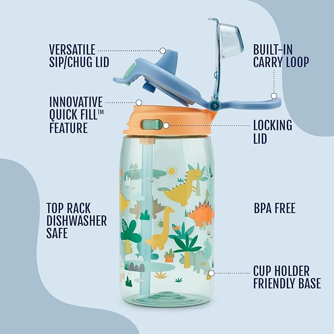 Ello Kids Pop & Fill 16oz Tritan Plastic Water Bottle with Quick Fill Technology, Leak Proof Locking Lid, Sip & Chug, BPA Free, Dishwasher Safe, For School, Lunchboxes, Dino