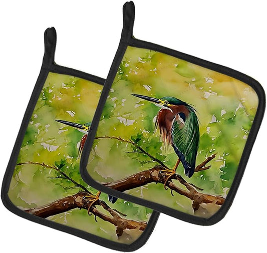 Caroline's Treasures Green Heron Pair of Pot Holders Kitchen Heat Resistant Pot Holders Sets Oven Hot Pads for Cooking Baking BBQ, 7 1/2 x 7 1/2