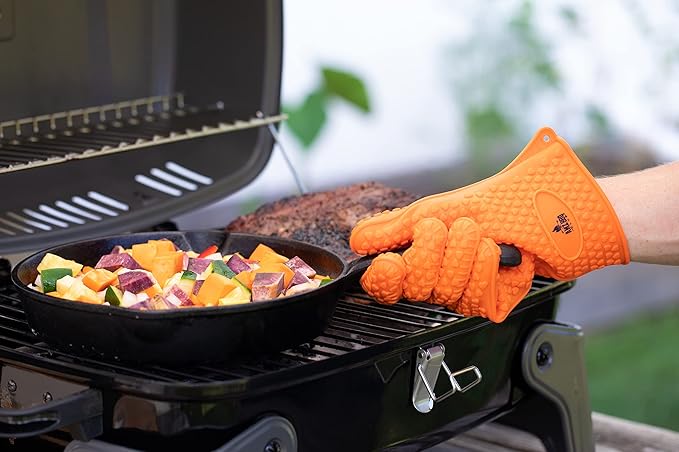 Meat Claws Bbq Grill Accessories Set - 2 Silicone Gloves, Claws For Pulled Pork, BBQ Thermometer - Perfect Smoker Accessories Grilling Tools Gift Set For (Orange Glove-Thermometer-Claw)