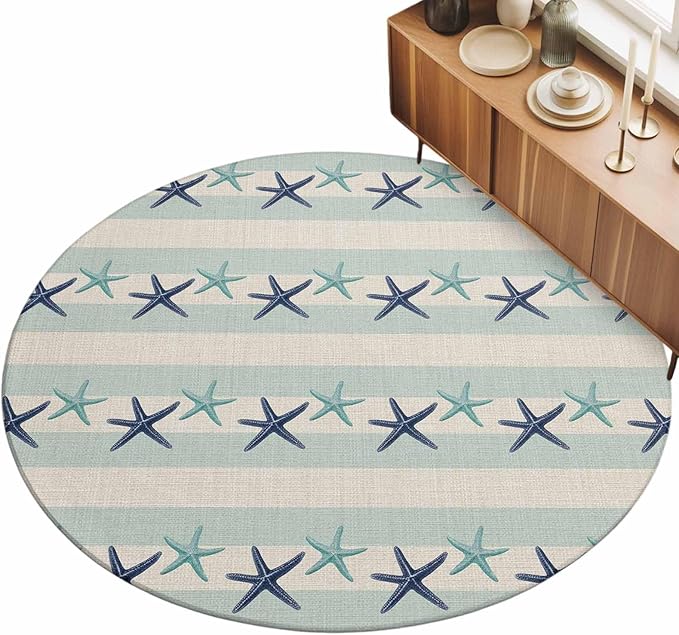 Washable Round Area Rug Summer Ocean Blue Teal Starfish Circle Rugs Floor Carpet for Living Room Bedroom, Sea Star on Farmhouse Linen Soft Non Slip Round Rug 5ft