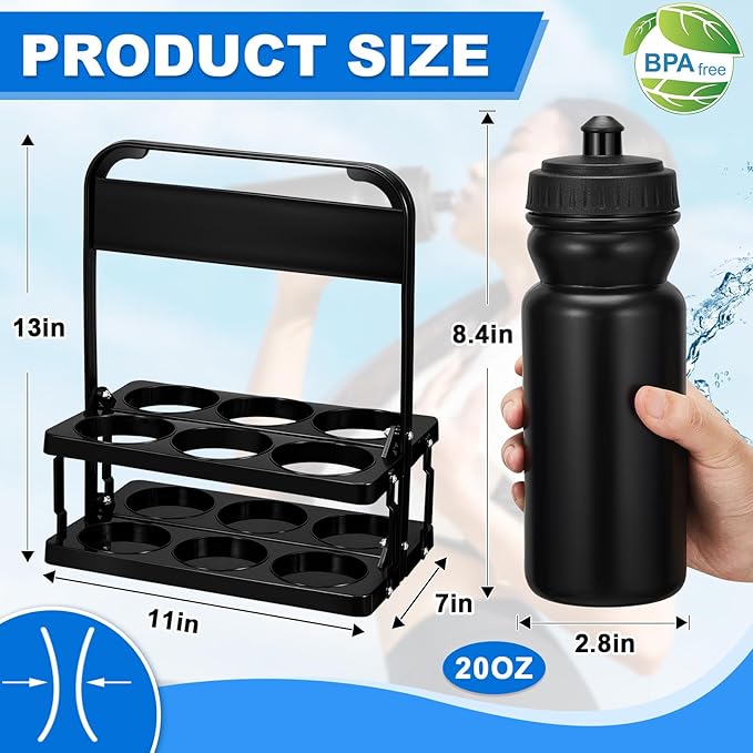 Suclain Water Bottle Carrier with 20 Oz Bottles and Stickers Plastic Wide Mouth Sports Water Bottle Squeeze Team Bottles with Black Lid for Fitness Bike Gym(7 Pcs,Black)