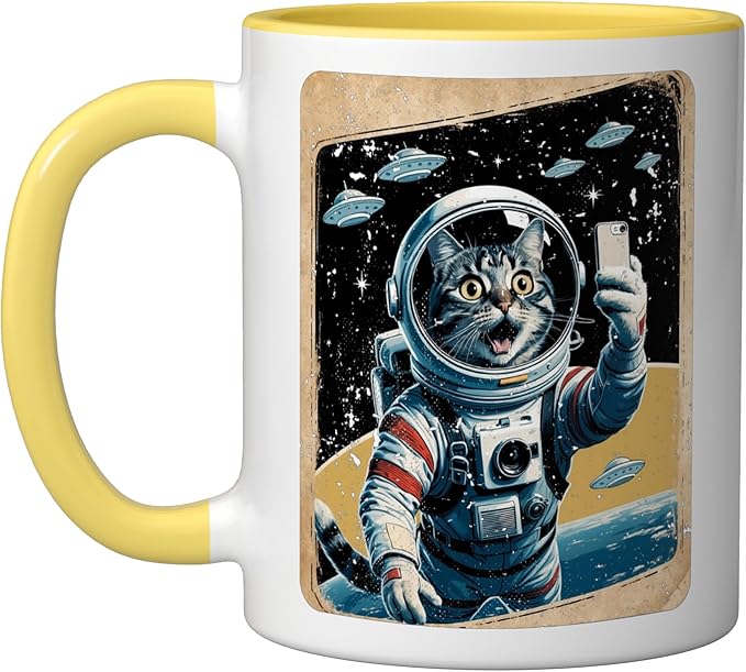 Space Cat Astronaut UFO Funny Sci-fi Alien Selfie Ceramic Mug, Yellow/White