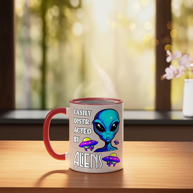 Easily Distracted By Aliens Funny Sci Fi Apparel Design Ceramic Mug, Red/White