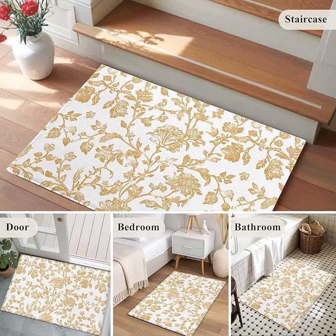 Area Rug 2x3ft, Vintage Farmhouse Flowers Pattern Washable Rugs for Living Room Bedroom, Yellow Floral Art Soft Non-Slip Area Rugs Rectangle Floor Carpet for Dining Room