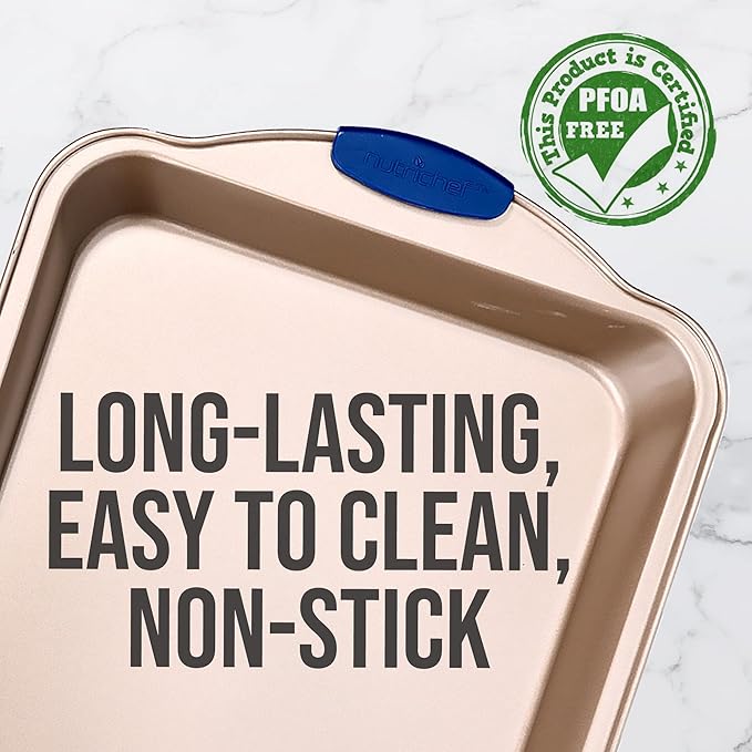NutriChef 17” x 12" Non-Stick Loaf Baking Pan - Carbon Steel Pan for Cakes, Bread, & Brownies - Blue Silicone Handles, Champagne Gold