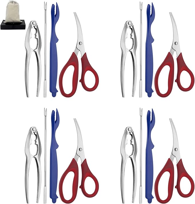 Seafood Tools Set includes 4 Crab Crackers 4 Seafood Fork 4 Lobster Crackers 4 Seafood Scissors -Nut Cracker and Storage Bag（17 Piece ）