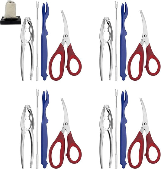 Seafood Tools Set includes 4 Crab Crackers 4 Seafood Fork 4 Lobster Crackers 4 Seafood Scissors -Nut Cracker and Storage Bag（17 Piece ）
