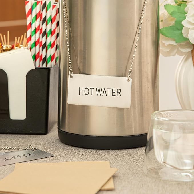 Restaurantware 26 Inches Chafer Urn Chain and 3.5 x 1.6 Inch "Hot Water" Label - 12 Count - Met Lux Stainless Steel Chafing Dish Accessory, Durable, Easy to Use - Label for Catering, Buffet