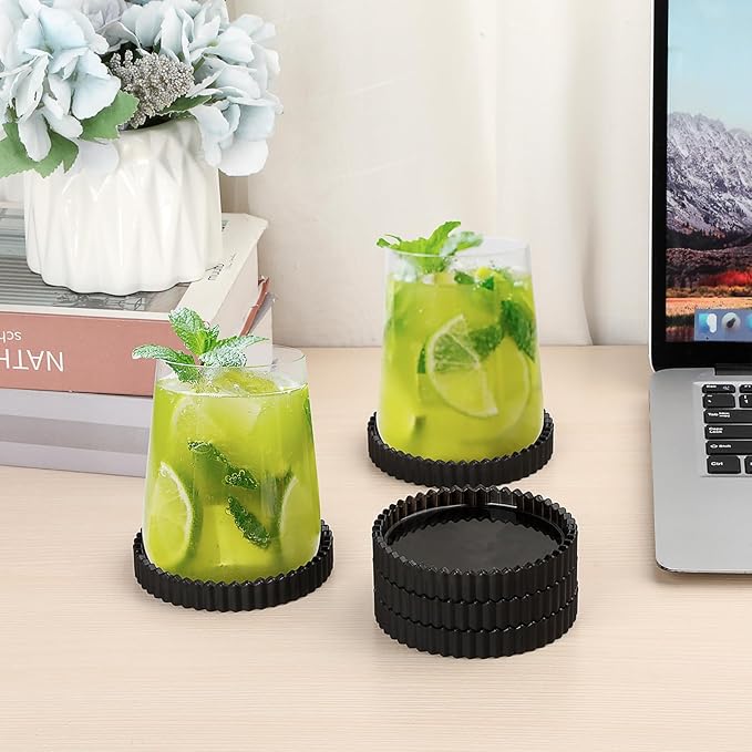 Drink Coaster Set of 5- Coffee Table Coasters, Round Cup Mats Home Décor Accents, Cup Coaster, Glass, Black, Coasters for Office, Kitchen, Bar, Dining Room, Living Room, Patio