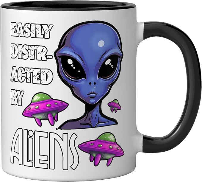 Easily Distracted By Aliens Funny Sci Fi Apparel Design Ceramic Mug, Black/White