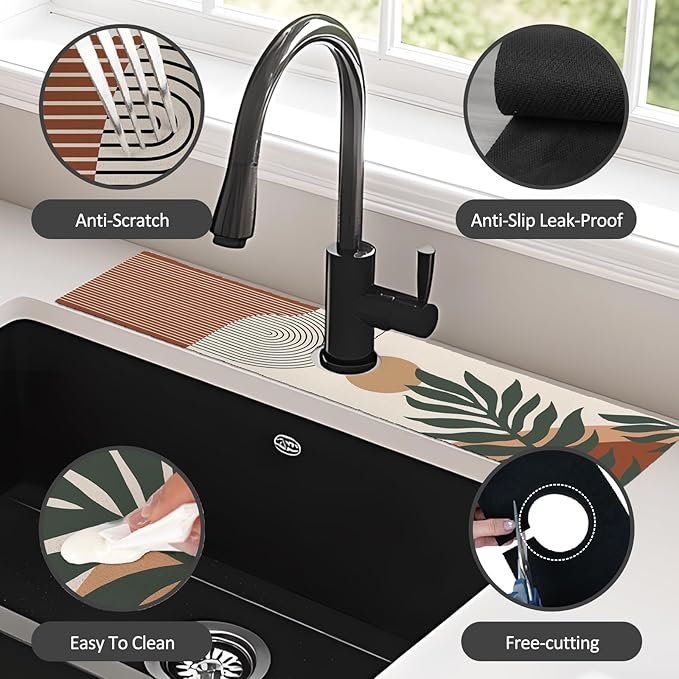 2PCS 24" X 5.5" Kitchen Sink Splash Guard Faucet Mat Boho Super Absorbent Fast Drying Faucet Guard & Draining Mat Sink Splash Guard Behind Faucet for Kitchen, Bathroom
