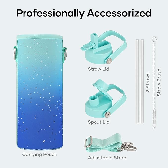 BUZIO 24 oz Insulated Water Bottle, Stainless Steel Wide Mouth Water Flask with Straw Lid, Cold for 48 Hrs Leak Proof Metal Hydro Thermo Canteen Mug, Starry Gradient Blue