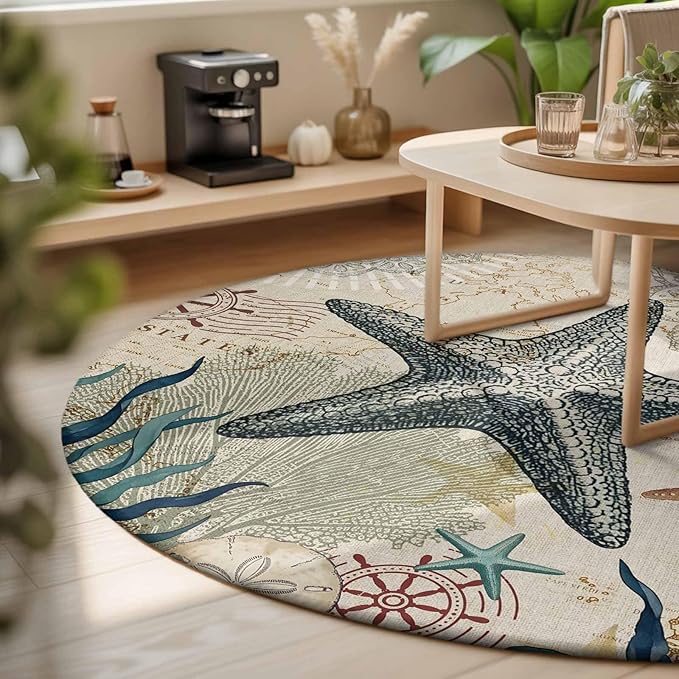 Washable Round Area Rug Nautical Starfish Teal Seaweed Starfish Circle Rugs Floor Carpet for Living Room Bedroom, Marine Life Soft Non Slip Round Rug 3ft