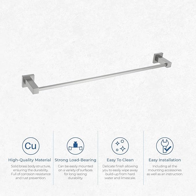 KIBI Cube 24 Inch Brushed Nickel Bathroom Towel Bar | Wall Mounted Solid Brass Towel Hanger with Corrosion-Resistant Finish | Sleek and Durable Towel Holder for Bathroom, Kitchen, Washroom (KBA1504)