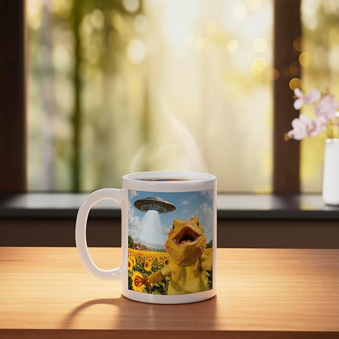 Funny Bearded Dragon Selfie with Alien UFO Ceramic Mug, White