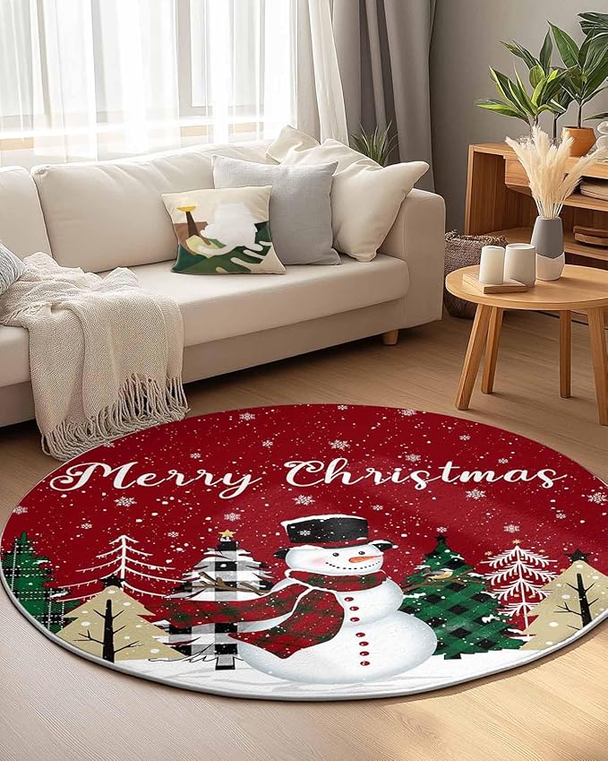 Round Area Rug,Christmas Snowman Green Pine Tree Circle Living Room Rug Non-Slip Rugs Indoor Carpet,Winter Snowflakes on Red Soft Comfort Rugs for Bedroom KidsRoom Nursery