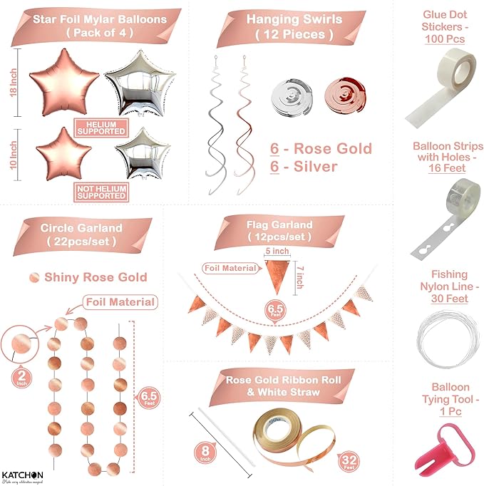 KatchOn, Rose Gold Birthday Decorations Set - Huge Pack of 145 | Rose Gold Fringe Backdrop, Balloons, Garland for Birthday Decorations, Graduation Decorations 2026 | Graduation Eve Party Supplies