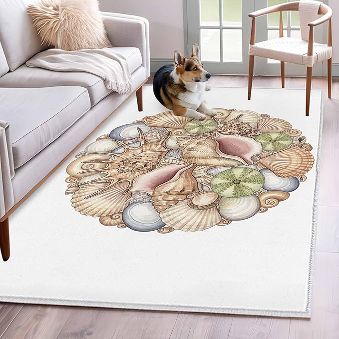 Area Rug 4x6ft, Coastal Colorful Shell Conch Washable Rugs for Living Room Bedroom, Modern Abstract Art Soft Non-Slip Area Rugs Rectangle Floor Carpet for Dining Room