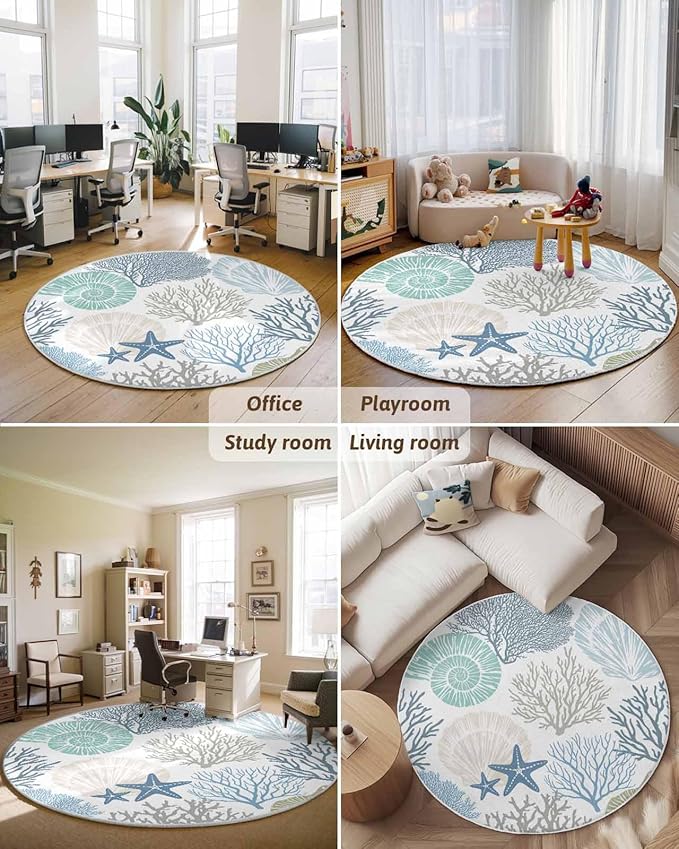 Round Area Rug,Blue Ocean Shells Coral Circle Living Room Rug Non-Slip Rugs Indoor Carpet,Conch Starfish Marine Life Soft Comfort Rugs for Bedroom Kids Room