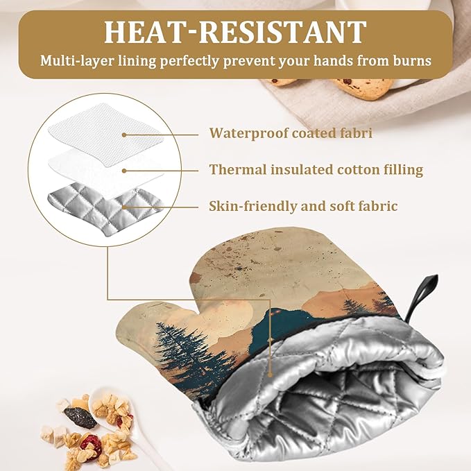 Vintage Bigfoot Forest Oven Mitts and Pot Holders Sets 4Pcs Mountain Silicone Kitchen Gloves Heat Resistant Potholders for Baking Cooking Grilling BBQ