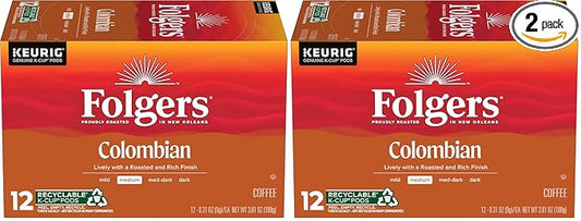 Folgers 100% Colombian Medium Roast Coffee, 12 Keurig K-Cup Pods (Pack of 2)
