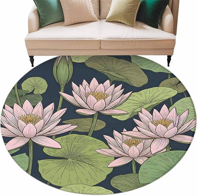 Washable Round Area Rug Pink Lotus Water Lily Dark Green Leaves Circle Rugs Floor Carpet for Living Room Bedroom, Oriental Style Soft Non Slip Round Rug 5ft