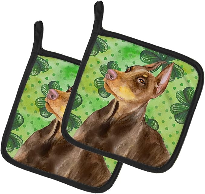 Caroline's Treasures BB9883PTHD Doberman Pinscher St Patrick's Pair of Pot Holders, Green Kitchen Heat Resistant Pot Holders Sets Oven Hot Pads for Cooking Baking BBQ, 7 1/2 x 7 1/2