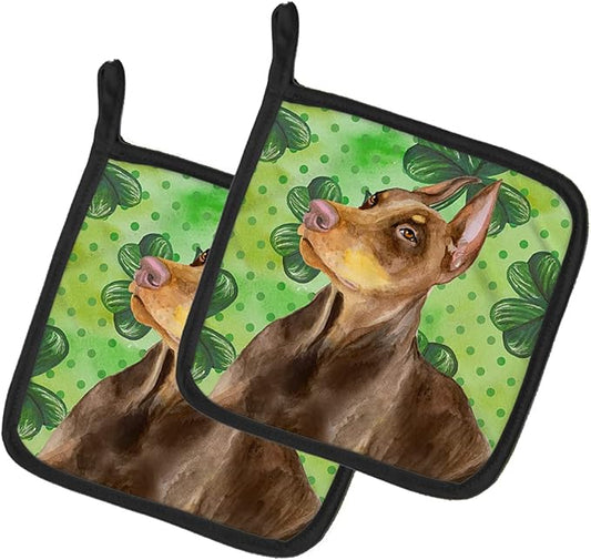 Caroline's Treasures BB9883PTHD Doberman Pinscher St Patrick's Pair of Pot Holders, Green Kitchen Heat Resistant Pot Holders Sets Oven Hot Pads for Cooking Baking BBQ, 7 1/2 x 7 1/2