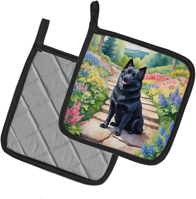 Caroline's Treasures Schipperke Spring Path Pair of Pot Holders Kitchen Heat Resistant Pot Holders Sets Oven Hot Pads for Cooking Baking BBQ, 7 1/2 x 7 1/2