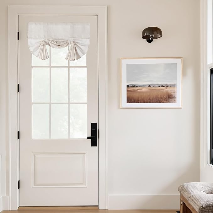 NICETOWN Cream White Linen Tie Up Door Curtains 70 inch Long, W26 x L70 Room Darkening for Front Door Window, 1 Panel with Sticky Strip