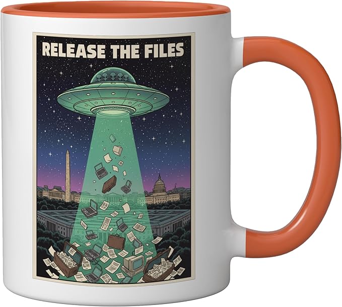 Release the Files UFO Disclosure UAP Alien Conspiracy Ceramic Mug, Orange/White