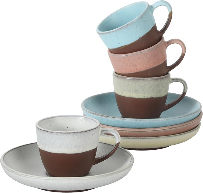 Gibson Elite William Crest 8 Piece Cup & Saucer Set, 4 Stoneware Cups & 4 Saucers, Reactive Glaze Finish, 3.5oz Espresso Cups, 5.5” Saucers, Microwave & Dishwasher Safe - Assorted Colors