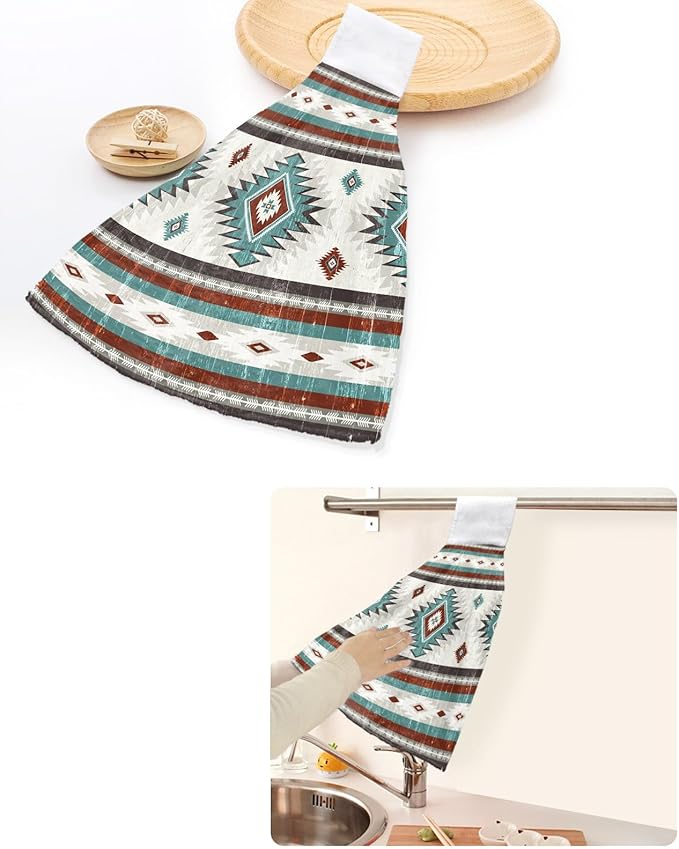 Alandar Home Kitchen Tie Towel Set of 1, Farm Brown Bohemian Aztec Absorbent Soft Hand Towels for Bathroom Hanging Towels, Turquoise Ethnic Wind Fast Drying Cleaning Cloth with Loop