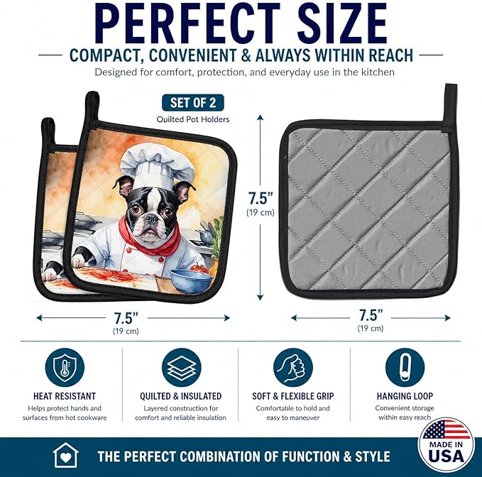 Caroline's Treasures Boston Terrier The Chef Pair of Pot Holders Kitchen Heat Resistant Pot Holders Sets Oven Hot Pads for Cooking Baking BBQ, 7 1/2 x 7 1/2