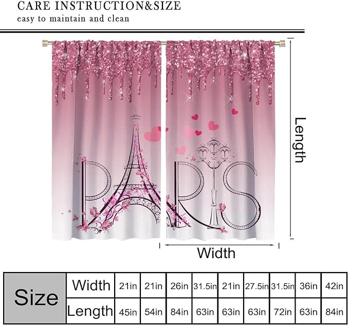 Eiffel Tower Blackout Curtain,Pink Glitter Romantic Paris Floral Abstract Window Treatment Curtains Dining Room Living Room Kitchen Cafe Bedroom Office Drapes,52x84 in