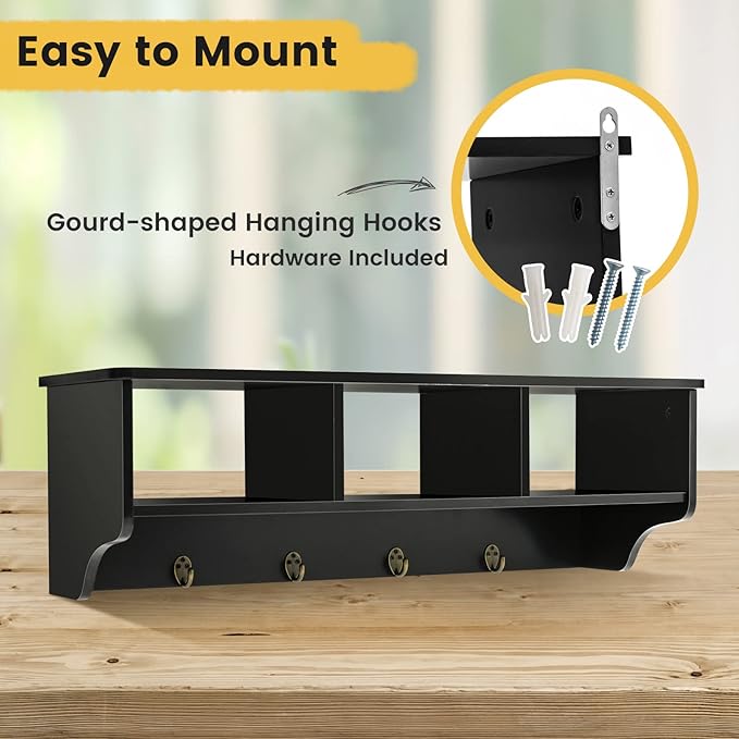Casart Hanging Shelf Wall Mounted Storage Cabinets W/Hooks for Bedroom, Living Room and Entryway (Black)