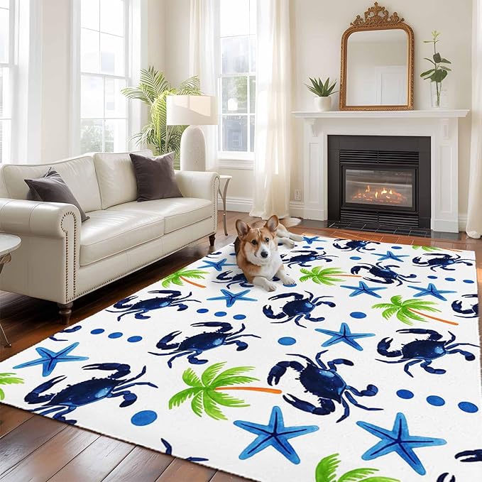 Area Rug 6x9ft, Abstract Blue Crab Starfish Washable Rugs for Living Room Bedroom, Watercolor Palm Tree Soft Non-Slip Area Rugs Rectangle Floor Carpet for Dining Room