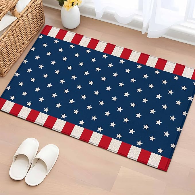 Area Rug 2x3ft, American Independence Day Washable Rugs for Living Room Bedroom, USA Stars on Blue Red White Border Soft Non-Slip Area Rugs Rectangle Floor Carpet for Dining Room