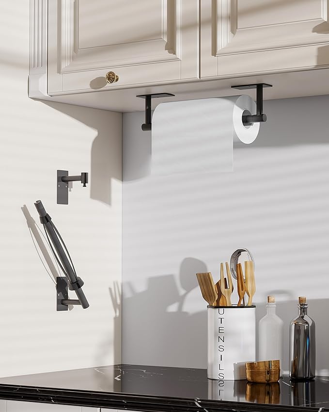 Paper Towel Holder Under Cabinet Paper Towel Holder Wall Mount, Single Hand Operable with Damping Effect,Adhesive Stainless Steel for Kitchen Bathroom Commercial (Black)