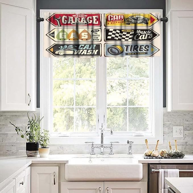 1950s Valances Curtains Vintage Car Signs Automobile Advertising Repair Vehicle Garage Classics Servicing, Windows Short Curtain Valance for Kitchen Bedroom with Rod Pocket, One Panel 54X18 Inches