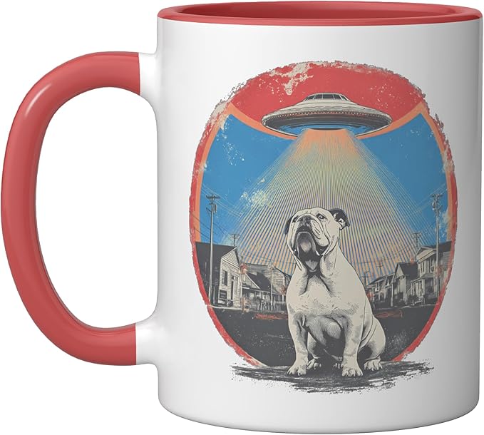 Retro UFO Bulldog Abduction Vintage Sci Fi Alien Invasion Ceramic Mug, Red/White