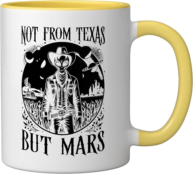 Alien Lover Flying Saucer UFO Extraterrestrial Cowboy Ceramic Mug, Yellow/White
