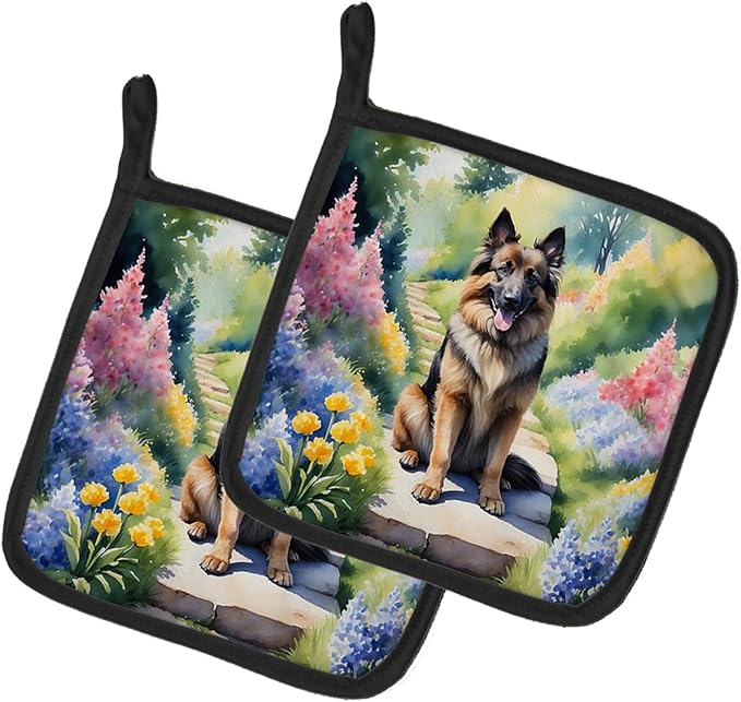 Caroline's Treasures Belgian Tervuren Spring Path Pair of Pot Holders Kitchen Heat Resistant Pot Holders Sets Oven Hot Pads for Cooking Baking BBQ, 7 1/2 x 7 1/2