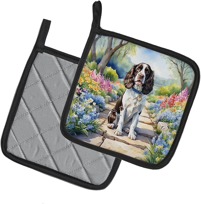 Caroline's Treasures English Springer Spaniel Spring Path Pair of Pot Holders Kitchen Heat Resistant Pot Holders Sets Oven Hot Pads for Cooking Baking BBQ, 7 1/2 x 7 1/2