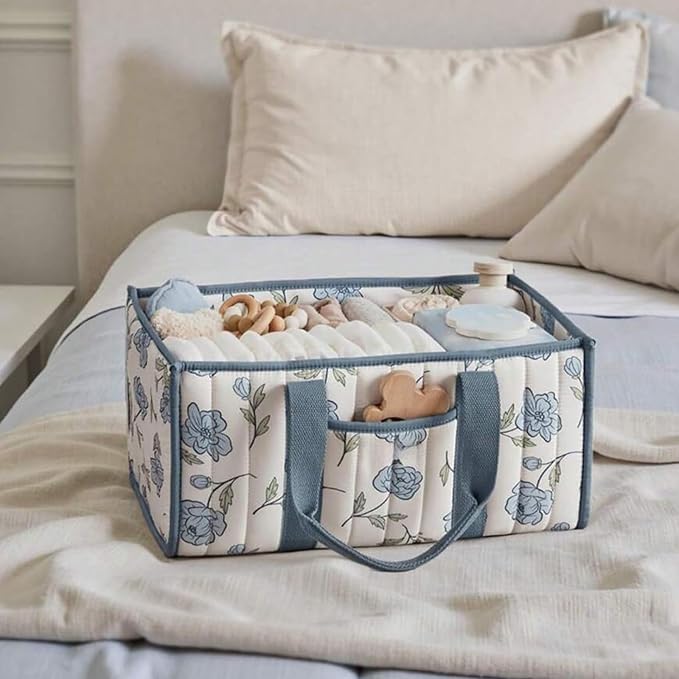 Quilted Fabric Storage Basket Floral Baby Diaper Caddy Quilted Basket for Nursery Bedroom Car Storage (L- Blue 02)