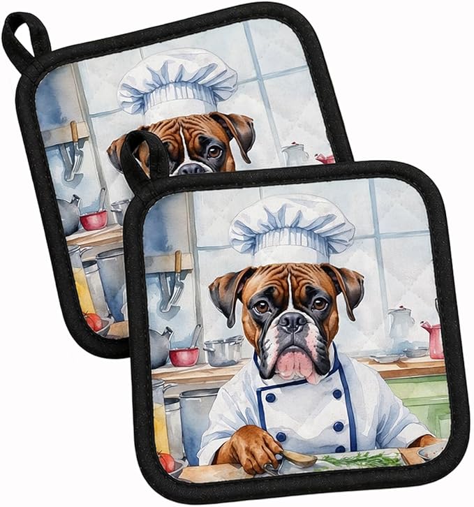 Caroline's Treasures Boxer The Chef Pair of Pot Holders Kitchen Heat Resistant Pot Holders Sets Oven Hot Pads for Cooking Baking BBQ, 7 1/2 x 7 1/2