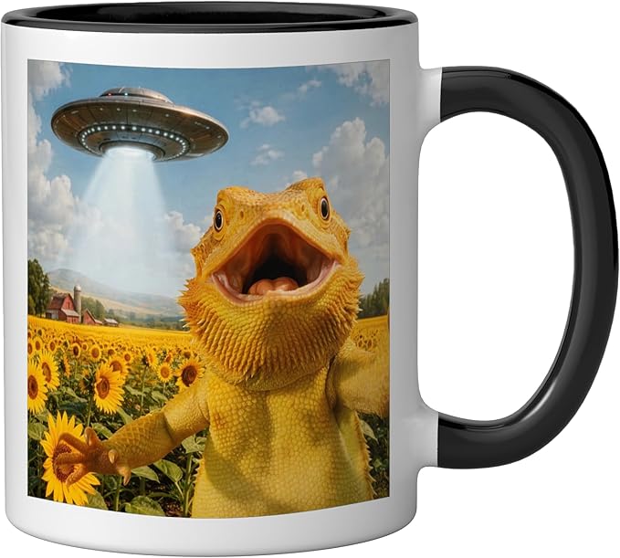 Funny Bearded Dragon Selfie with Alien UFO Ceramic Mug, Black/White
