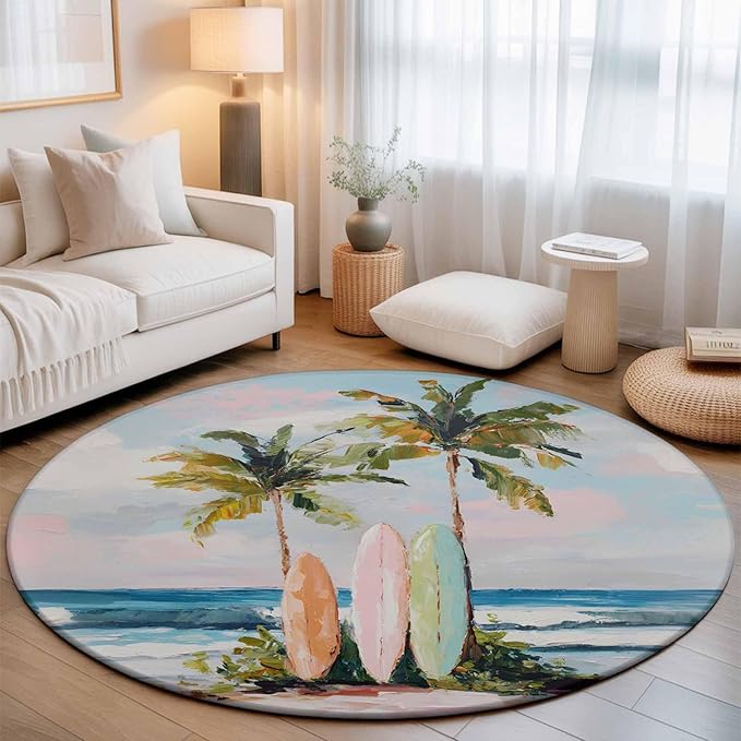 Washable Round Area Rug Summer Blue Ocean Surfboard Circle Rugs Floor Carpet for Living Room Bedroom, Tropical Plant Palm Tree Soft Non Slip Round Rug 3ft